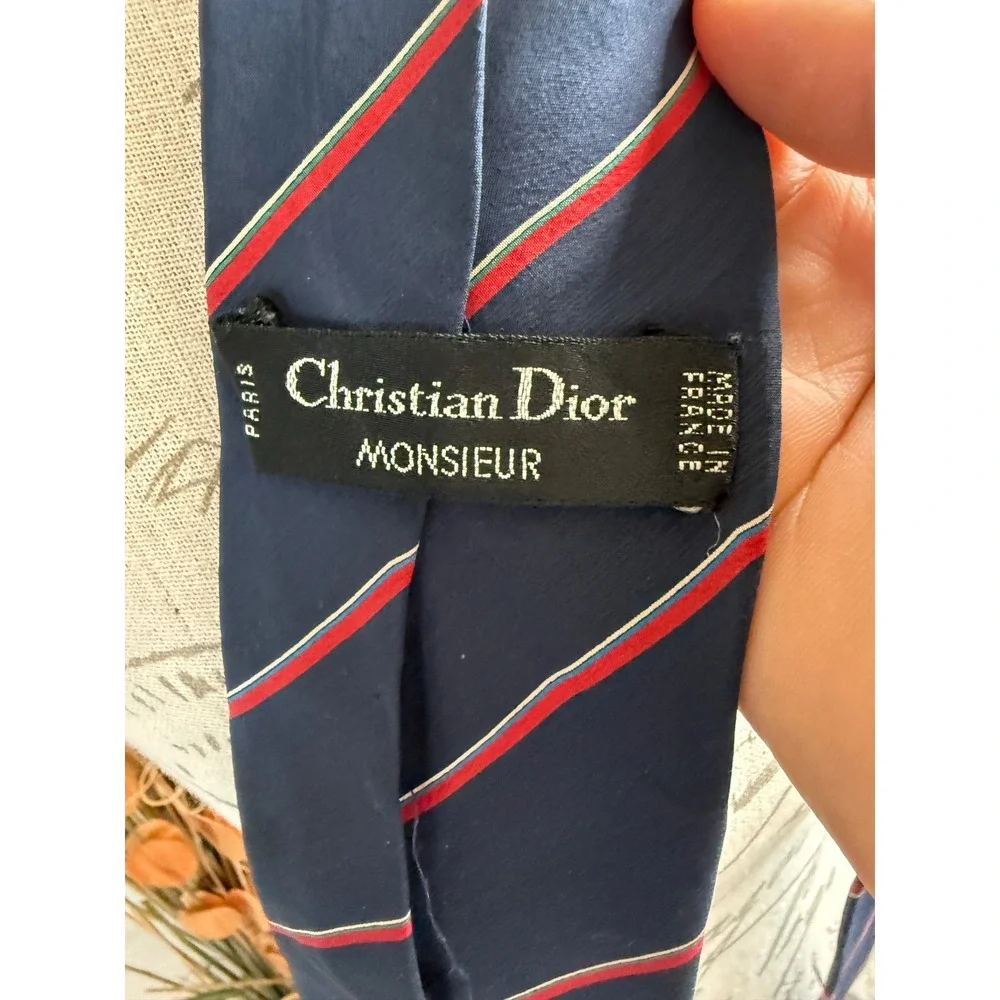 Christian Dior Monsieur Silk Tie Navy Blue Red Green Diagonal Stripe France
